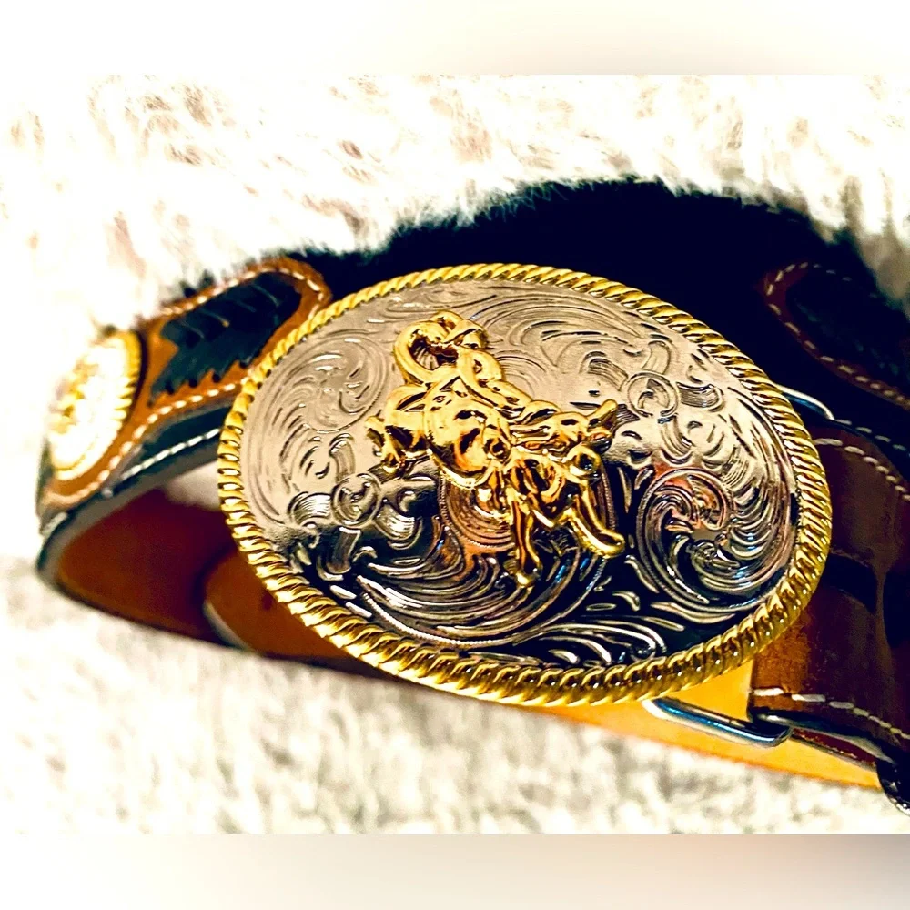 3D Kids Brown Leather Belt with Silver and Gold Buckle 2 Concho embellishments